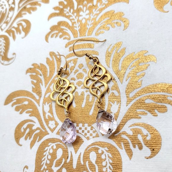 Pink amethyst gold wave gold filled dangle earrings - Picture 4 of 5